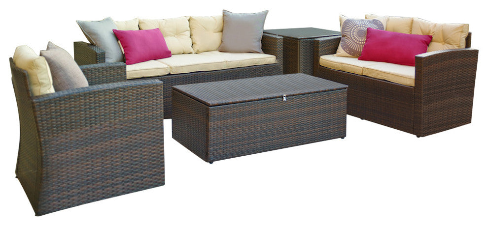 Rio 5-Piece Dark Brown Wicker Conversation Set With Storage and Cushions