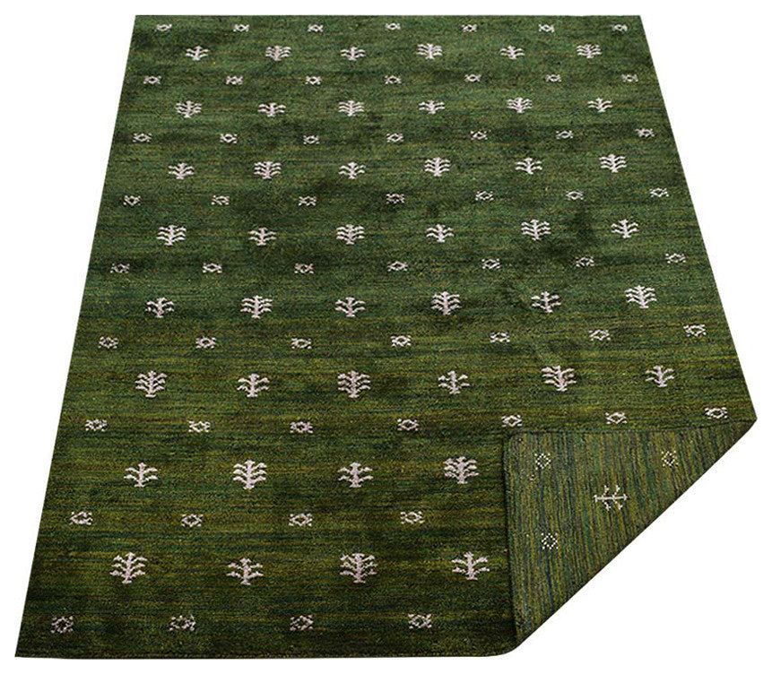 HAND KNOTTED LOOM SILK ECO-FRIENDLY RUG-10'x13',Rectangle,Green White,Contempora