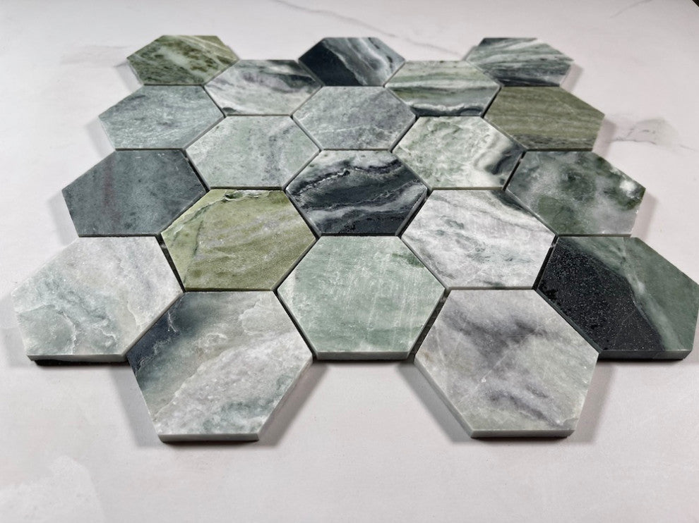 Sagano Vibrant Green Marble 3 inch Hexagon Mosaic Tile Honed, 1 sheet