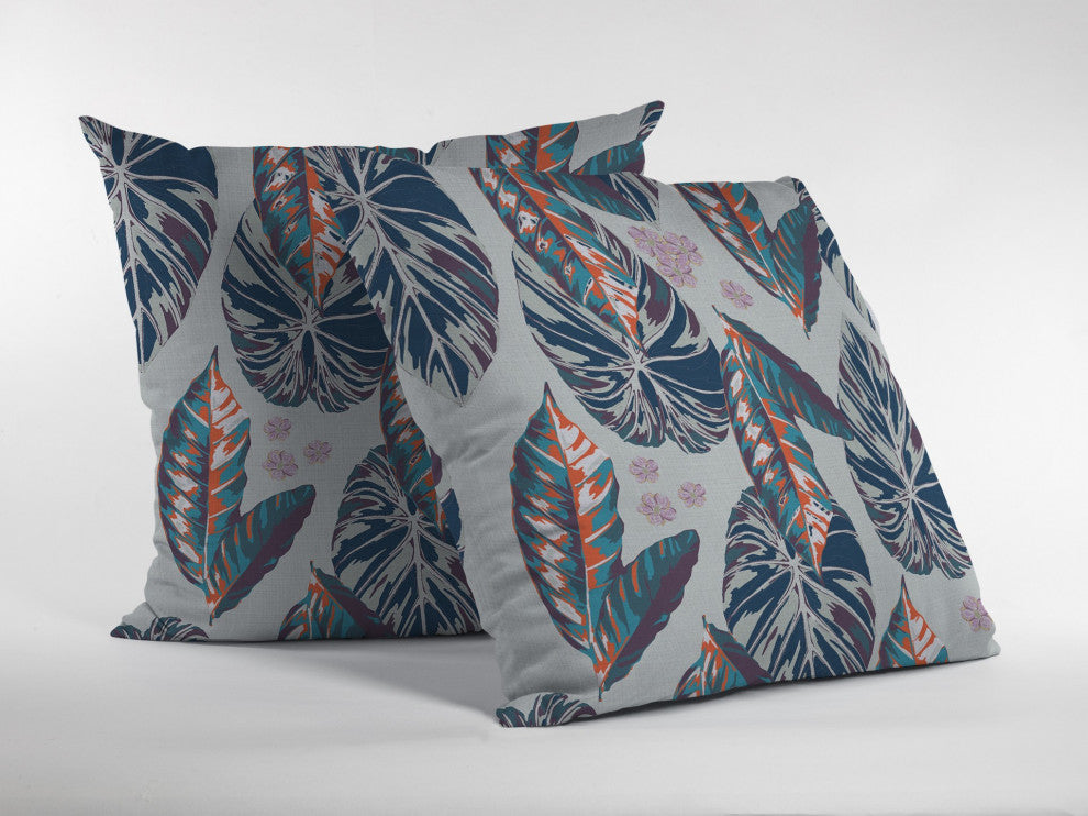 20" Blue Gray Tropical Leaf Suede Throw Pillow