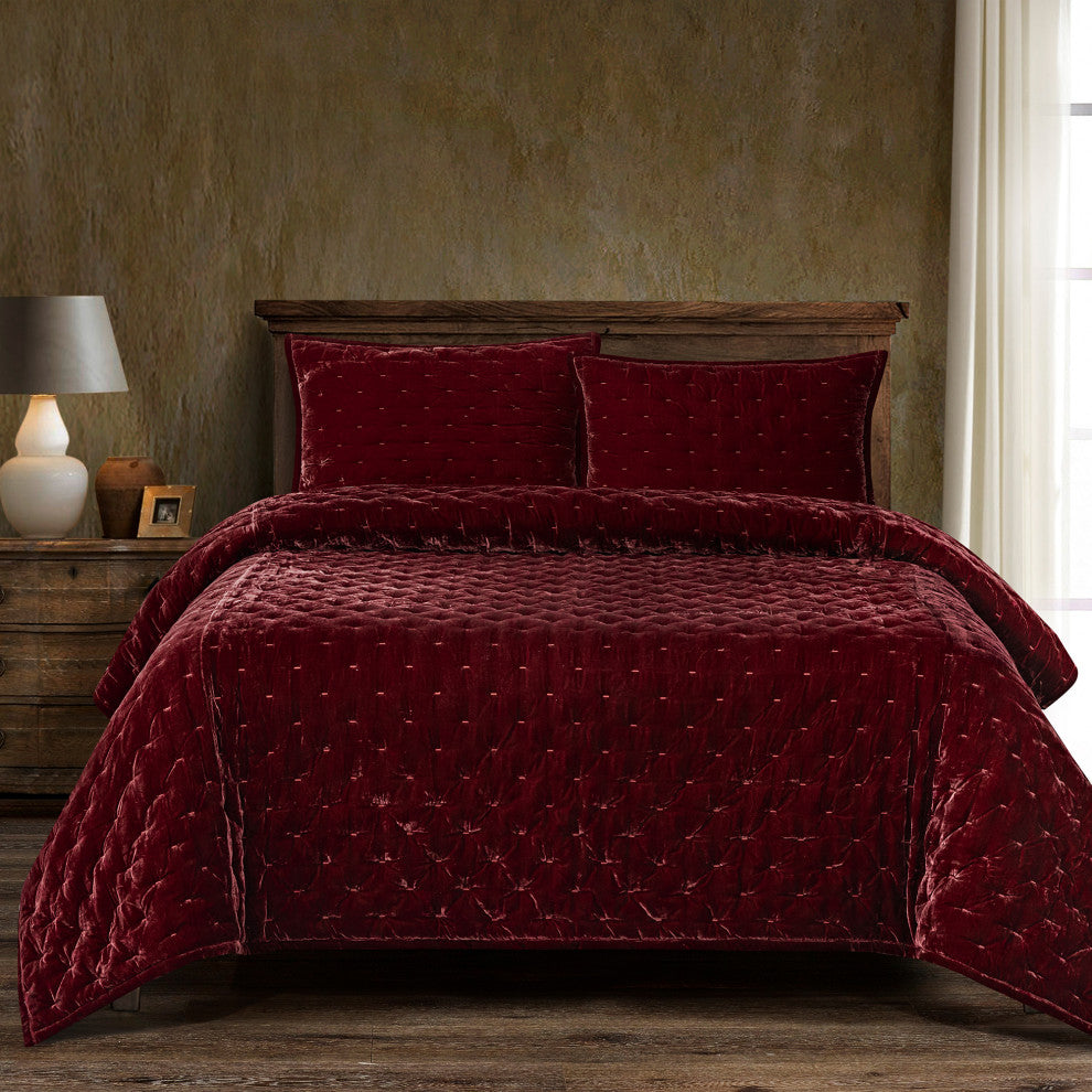 3-Piece HiEnd Accents Stella Faux Silk Velvet Quilt Set, Garnet Red, King