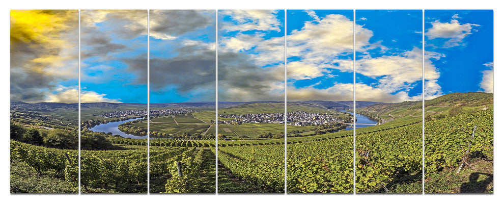 Moselle River Loop in Trittenheim, Landscape Canvas Art Print, 83"x32", 7 Panels