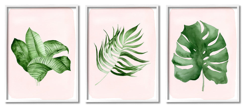 Boho Palm Leaves over Pink Modern Tropical Plants,3pc, each 24 x 30