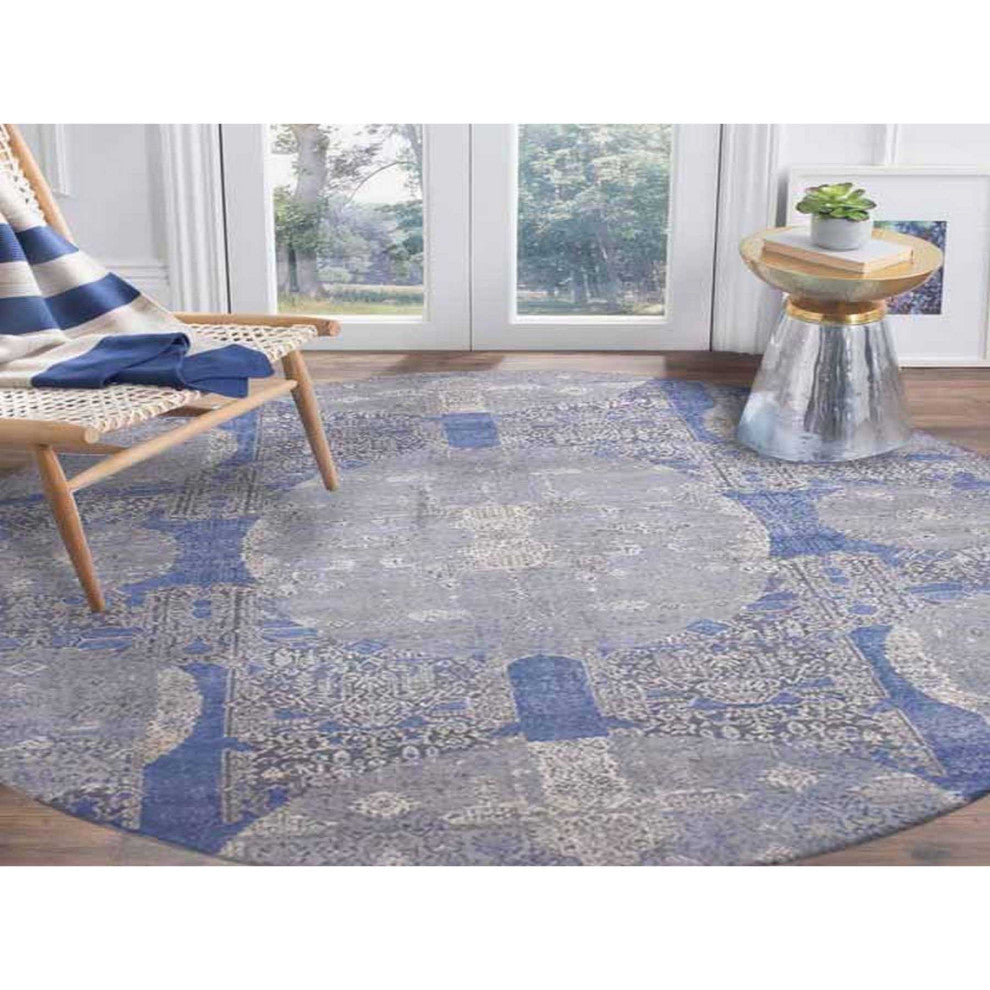 Blue Wool and Silk Jewellery Design Hand Knotted Oriental Round Rug, 10'0"x10'1"