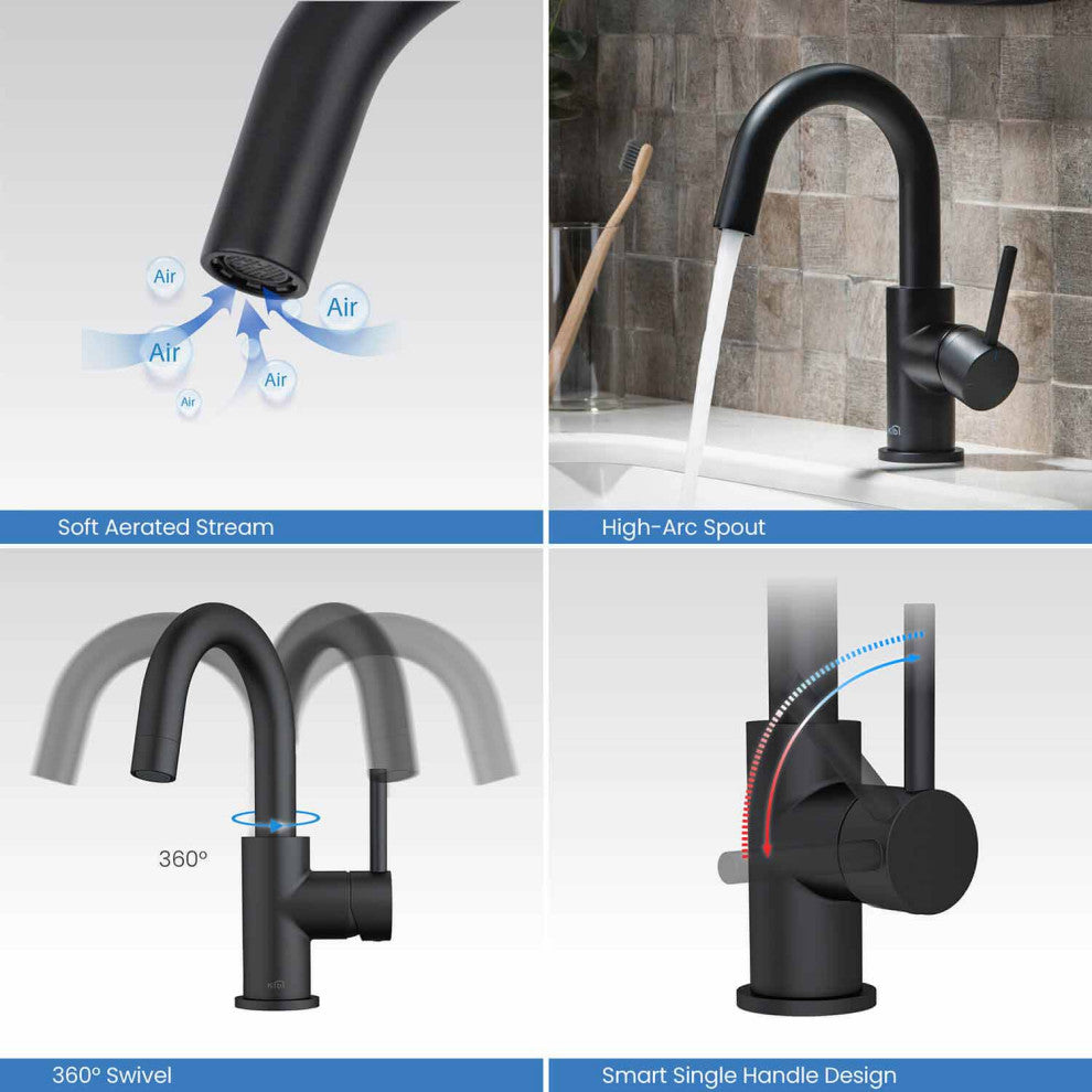 Circular Single Handle High-arc Bathroom Sink Faucet With Drain, Matte Black