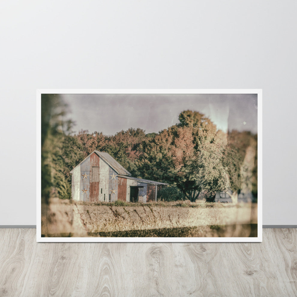 Patriotic Weathered Barn in Field Glass Plate Framed Photo Paper Wall Art Prints, White, 24" X 36"