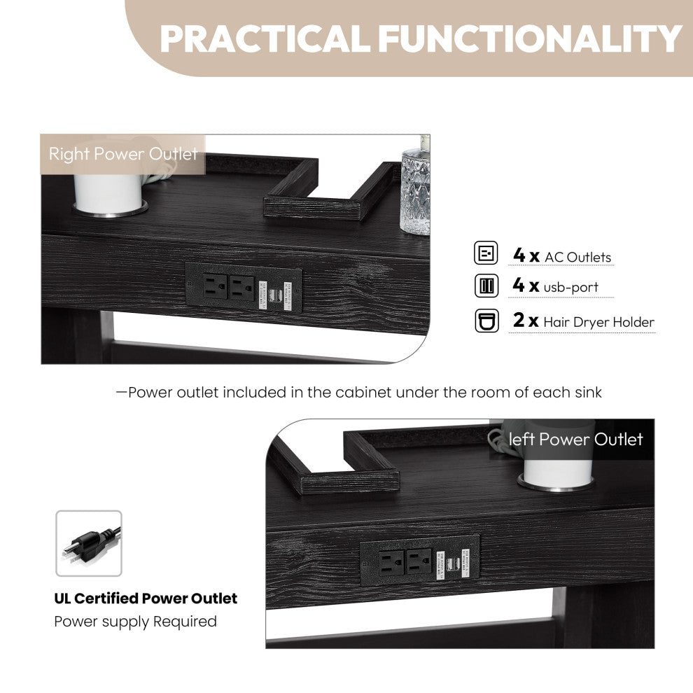 Vinnova Cadiz Bath Vanity, Composite Stone Top, Black, 84", No Mirror