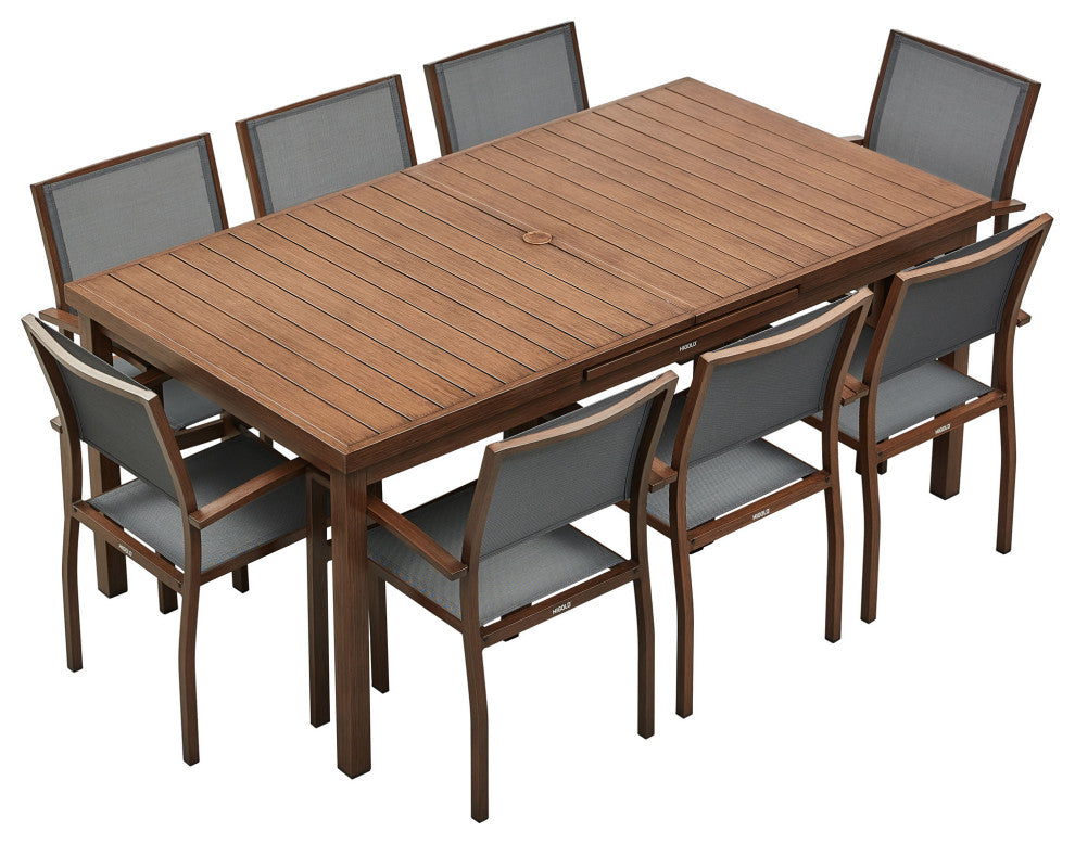 HIGOLD Carlo 8+1 Pieces Extendable Aluminum Outdoor Dining Set, Wood Color