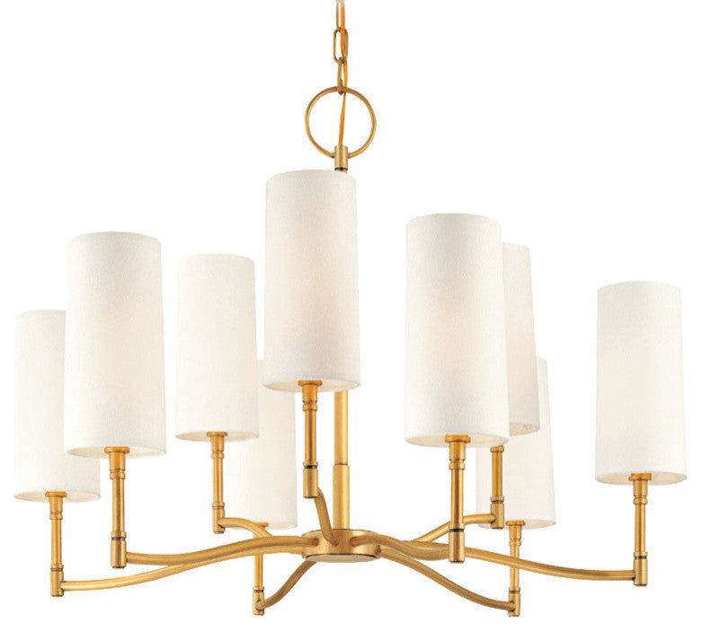 Dillon, Nine Light Chandelier, Aged Brass Finish, Off White Linen Shade