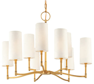 Dillon, Nine Light Chandelier, Aged Brass Finish, Off White Linen Shade