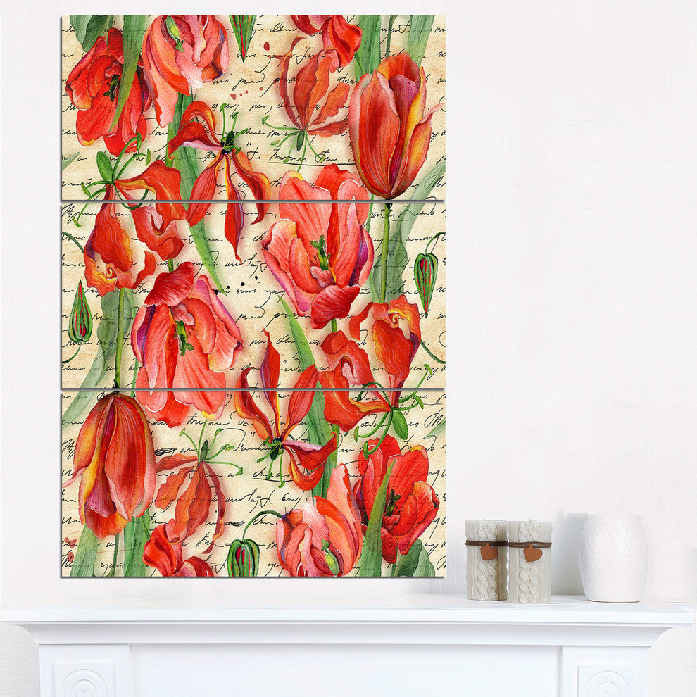 "Seamless Red Flower Pattern" Metal Wall Art, 3 Panels, 28"x36"