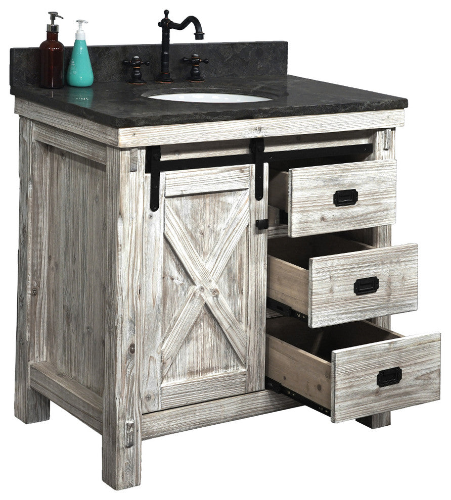 37" Rustic Solid Fir Barn Door Style Single Sink Vanity Marble Top, Wk8536-W+wk Top
