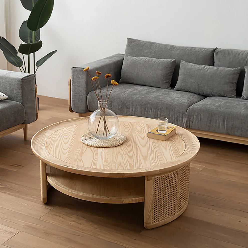 2-Tiered Japandi Round Wood Coffee Table With Rattan Base