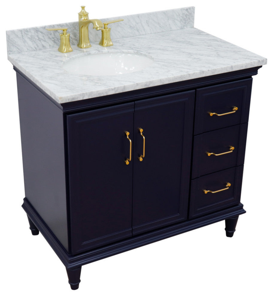 37" Single Vanity, Blue Finish With White Carrara