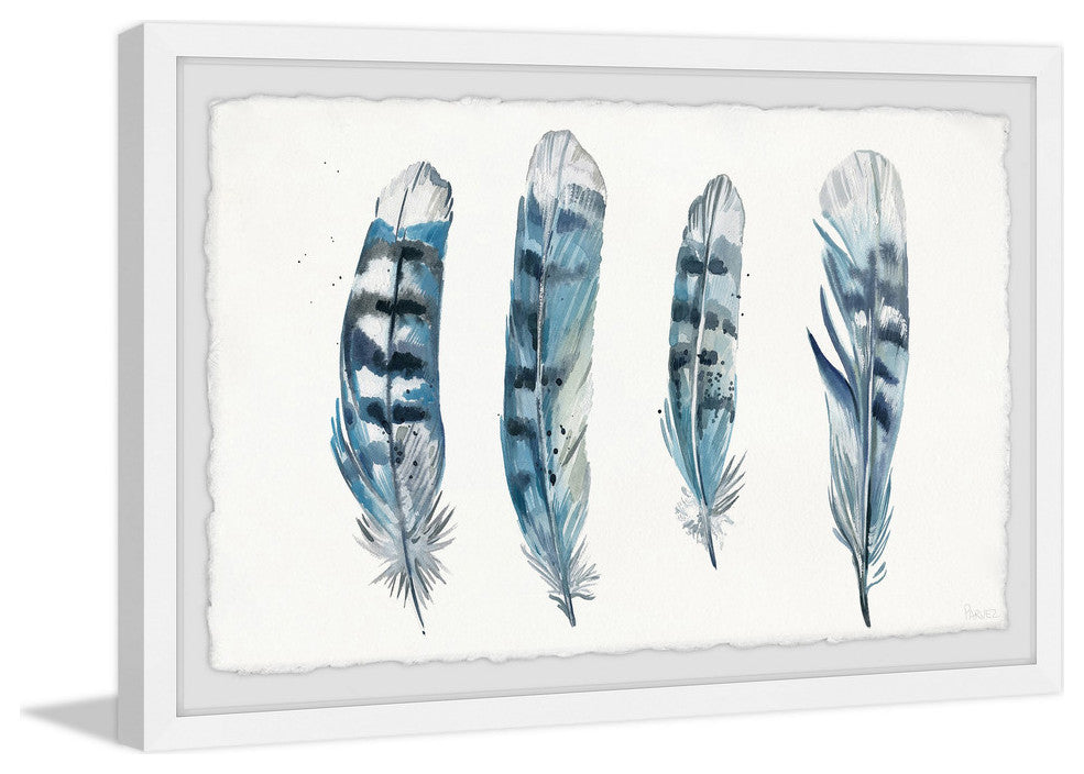 "Blue Striped Feathers II" Framed Painting Print, 30"x20"