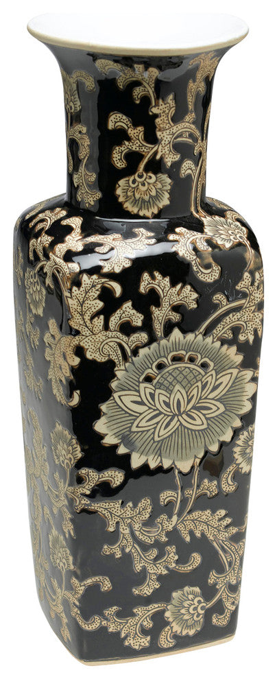 17" Black and Cream Floral Square Vase