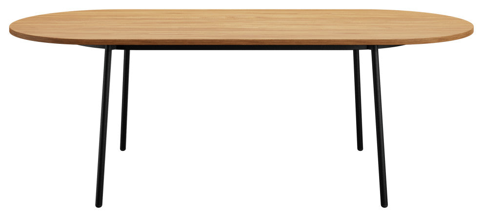 LeisureMod Tule 83" Oval Dining Table With MDF Top and Steel Legs, Natural Wood