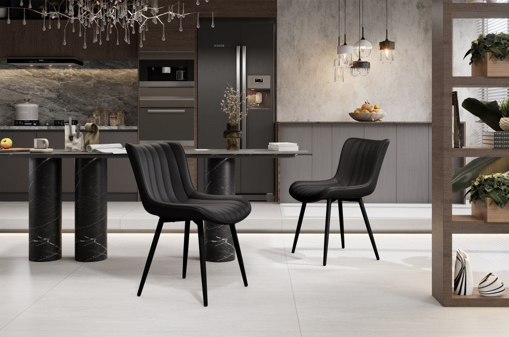 Younike Dining Chair Set of 2, Liner Pattern Faux Leather, Black