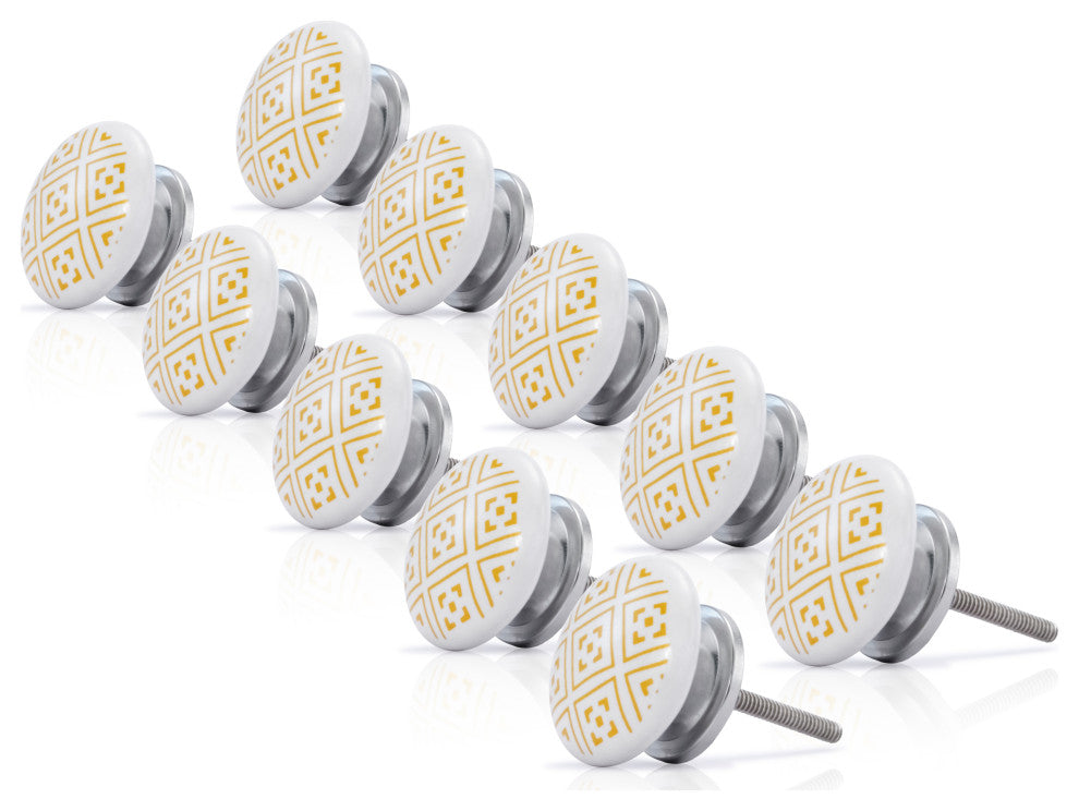 Mascot Hardware White Ceramic Knob with Yellow Geometric Pattern - Pack of 10
