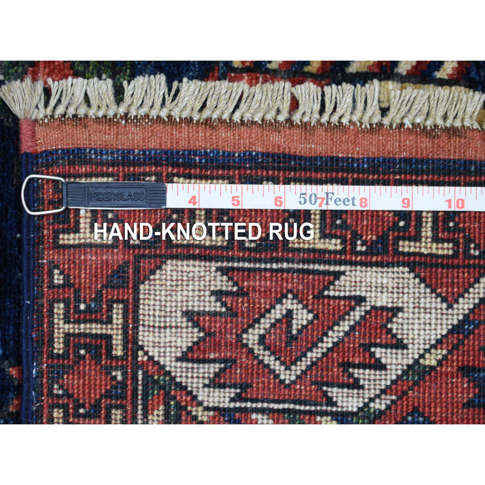 Blue Afghan Ersari with Elephant Feet Design Hand Knotted Wool Rug, 4'0" x 5'9"