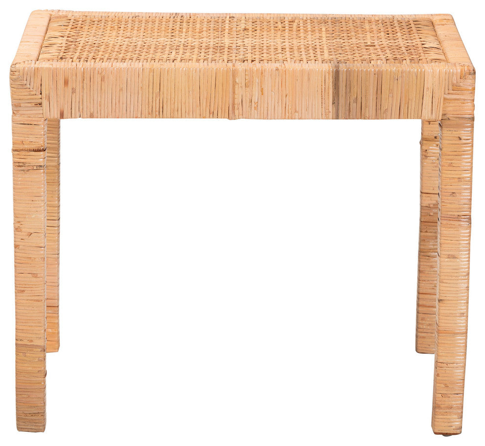 Abelia Modern Bohemian Natural Rattan and Mahogany Wood Short Accent Bench