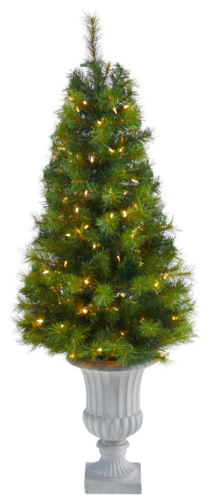 4.5' Green Valley Pine Faux Xmas Tree W/ White Lights & Bendable Branches, Urn
