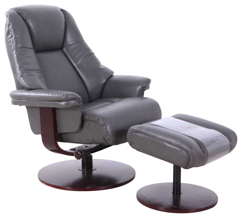 HomeRoots Gray Faux Leather Swivel Adjustable Recliner and Ottoman Set