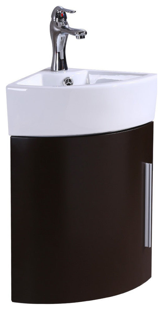 White Corner Vanity Cabinet Sink Oak Finish with Faucet Drain and Overflow