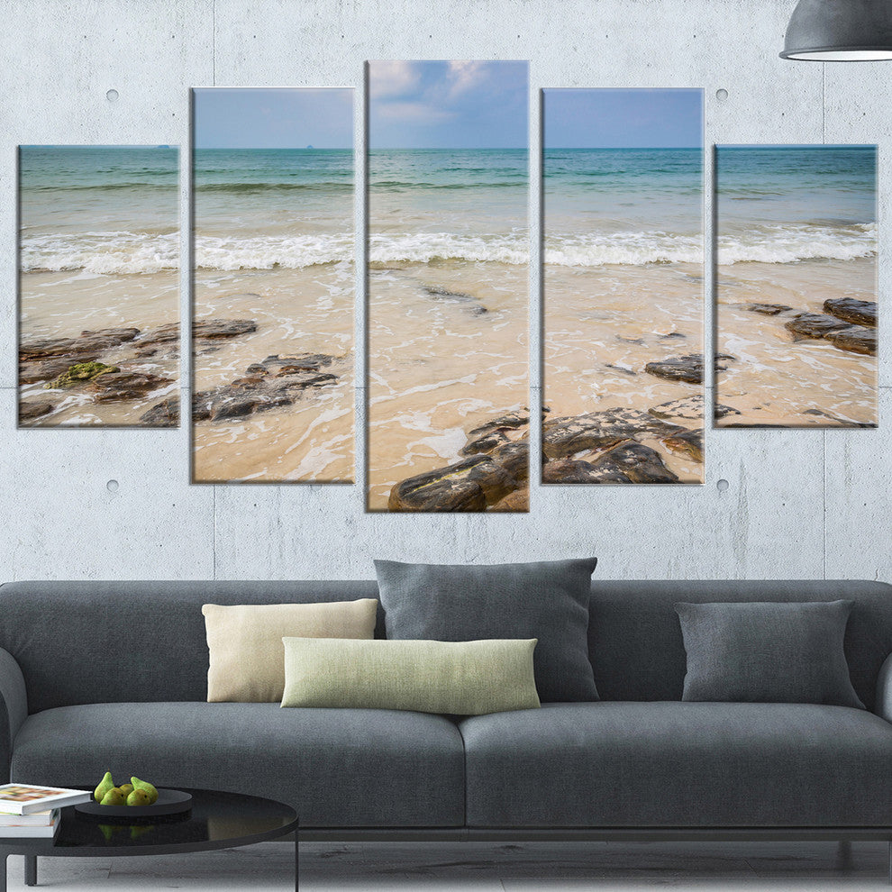 "Rocks On Typical Tropical Beach" Beach Canvas Wall Art, 5 Panels, 60"x32"