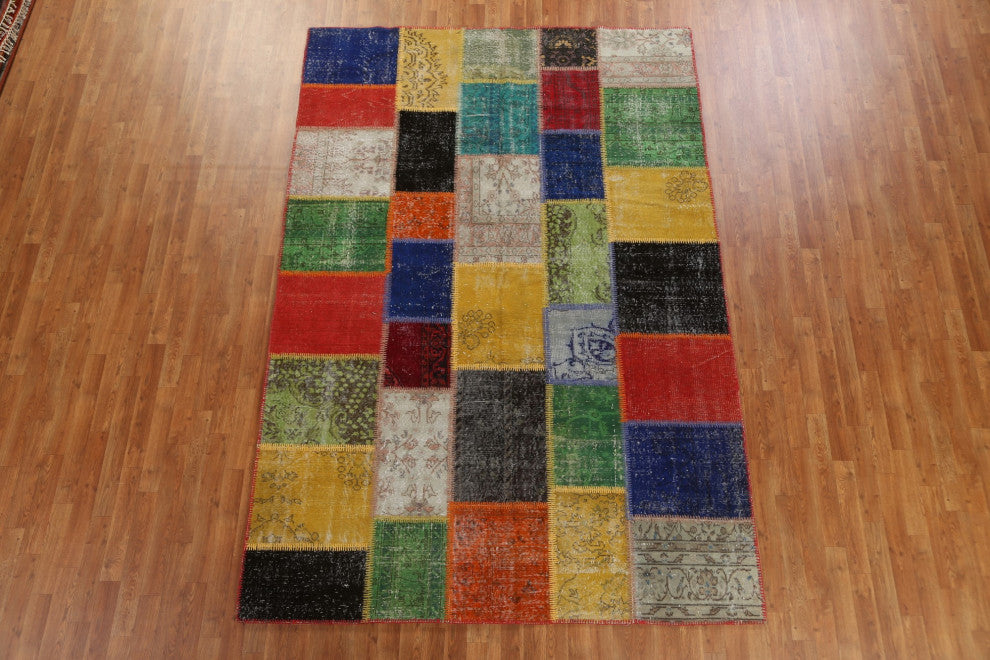 Multi-color Vintage Patchwork Turkish Area Rug Hand-tufted Wool Carpet 7x10