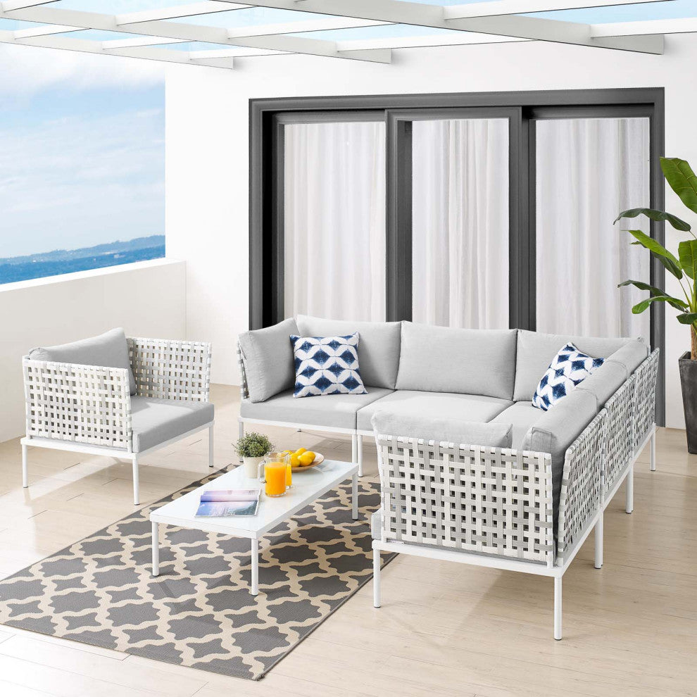 Lounge Sectional Sofa Chair Table Set, Sunbrella, Aluminum, Gray, Outdoor