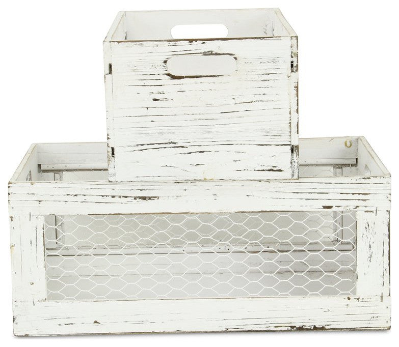 Set of Two Rustic Whitewash Chicken Wire Sides Wooden Crates