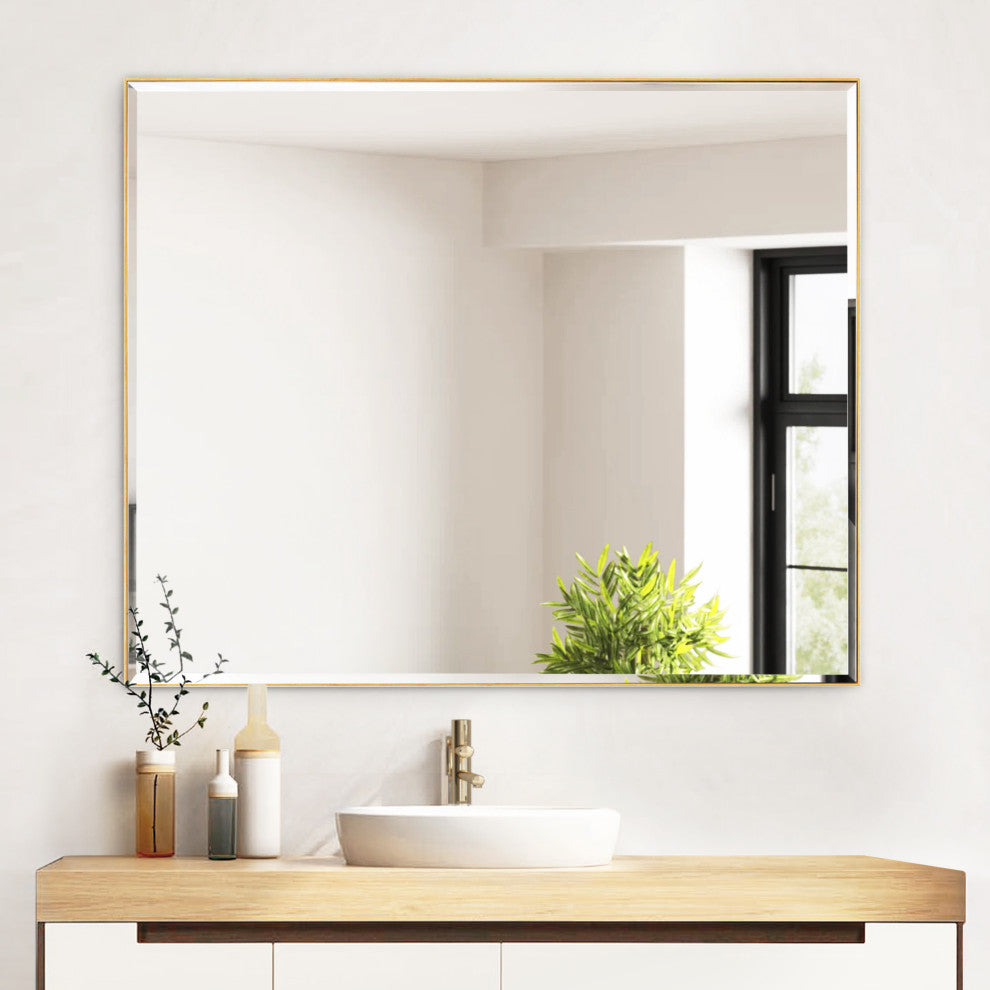 Rectangle Aluminum Framed Wall Mounted Mirror With Beveled Edge, Gold, 30"x36"