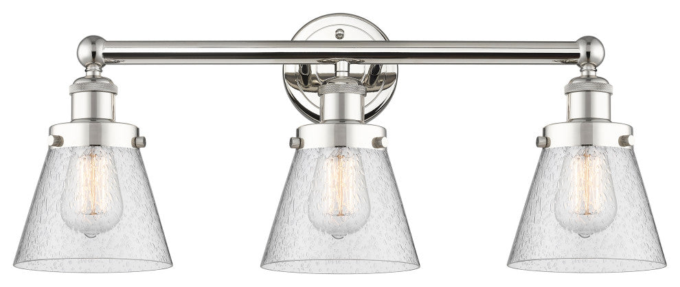 Edison Small Cone 3-Light 25" Vanity Light, Polished Nickel Finish, Seedy Shade