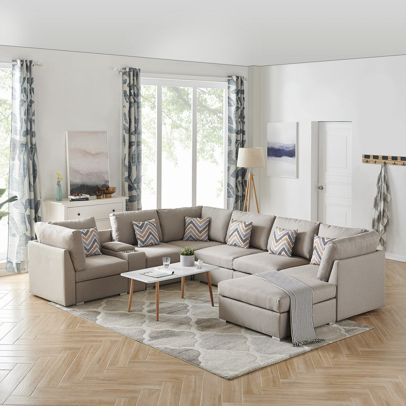 Amira Beige Linen Fabric Reversible Sectional Sofa with USB Storage Console