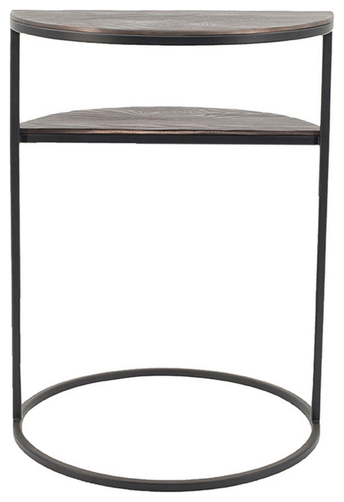 22 Inch Modern Metal Round Accent Table, 2 Half Circle Shelves, Wood, Brown