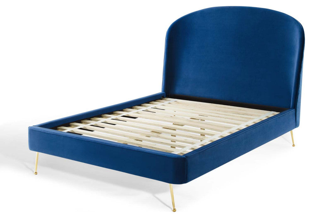 Platform Bed Frame, Queen Size, Velvet, Blue Navy, Modern Contemporary, Bedroom