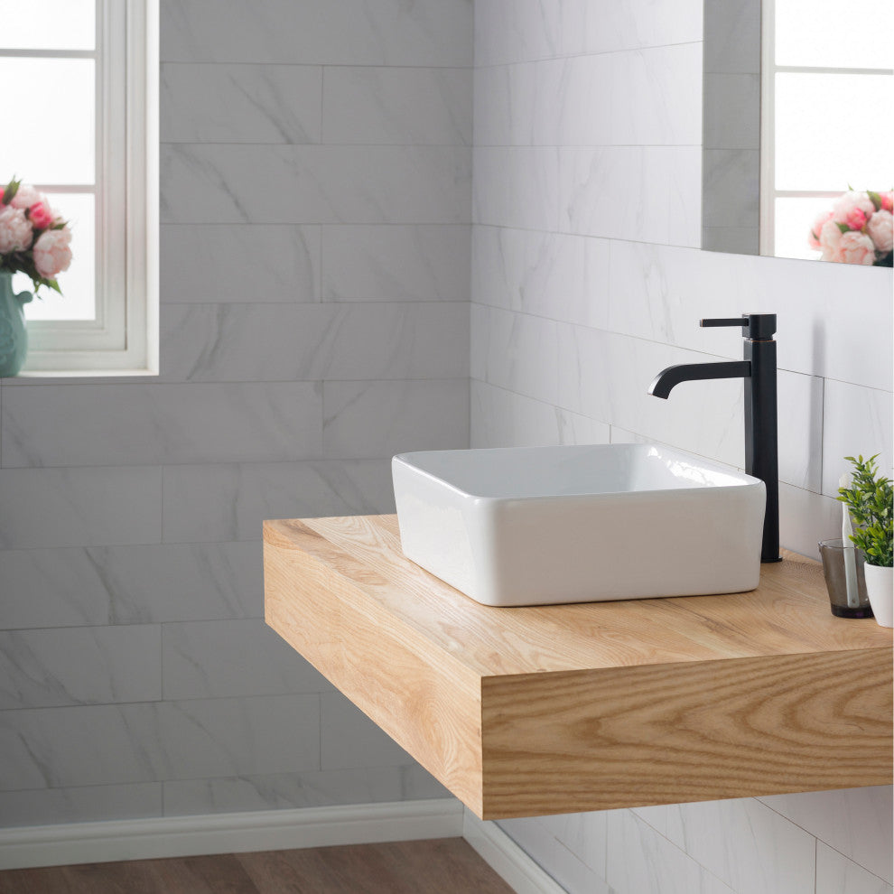 Elavo Square Ceramic Vessel Sink, Bathroom Ramus Faucet, PU Drain, Oil Rubbed Bronze