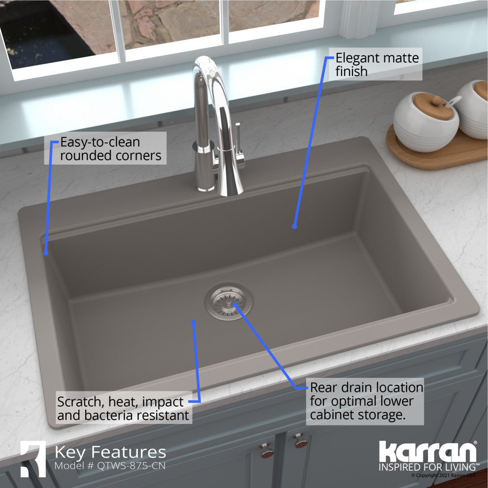 Karran Top Mount 33" Single Bowl Quartz Workstation Kitchen Sink, Concrete