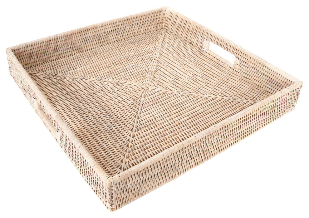Artifacts Rattan™ Square Ottoman Tray with Cutout Handles, White Wash, 18"x18"