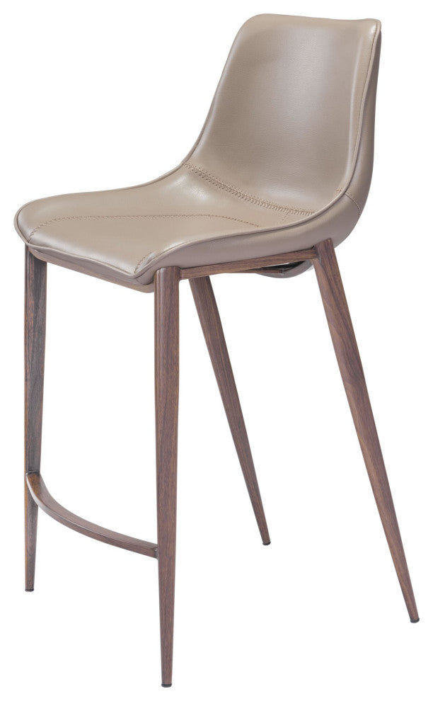 Counter Stool Chair, Set of 2, Faux Vinyl Leather, Steel, Gray, Walnut
