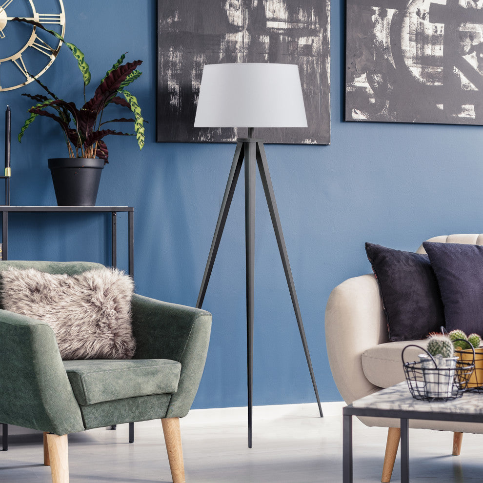 Amlight Berlin Tripod Floor Lamp With Metal Grey Tripod and White Shade