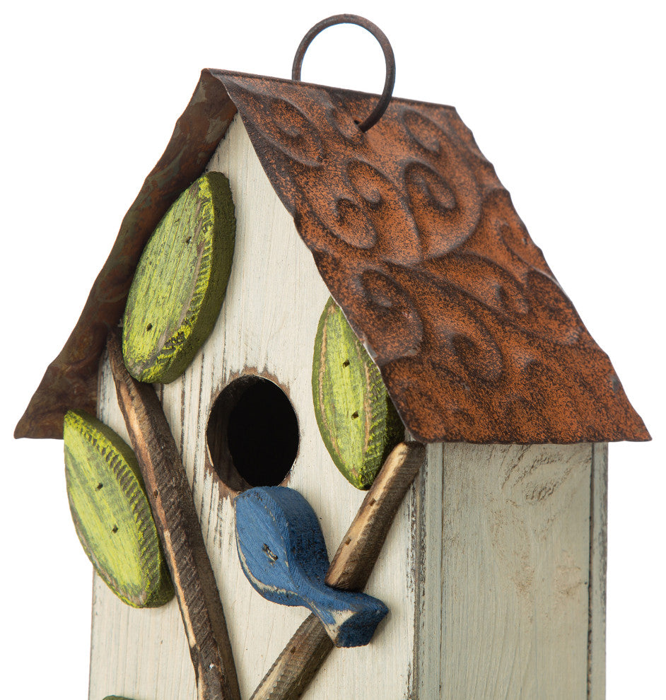 9.75"H Washed White Distressed Solid Wood Birdhouse With 3D Tree and Bird