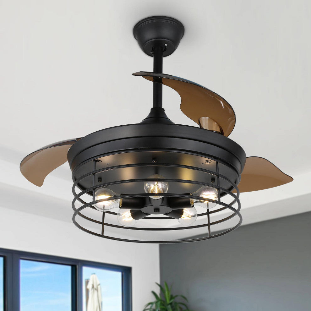 42" Black Industrial Retractable Ceiling Fan with Remote and Light Kit, Black