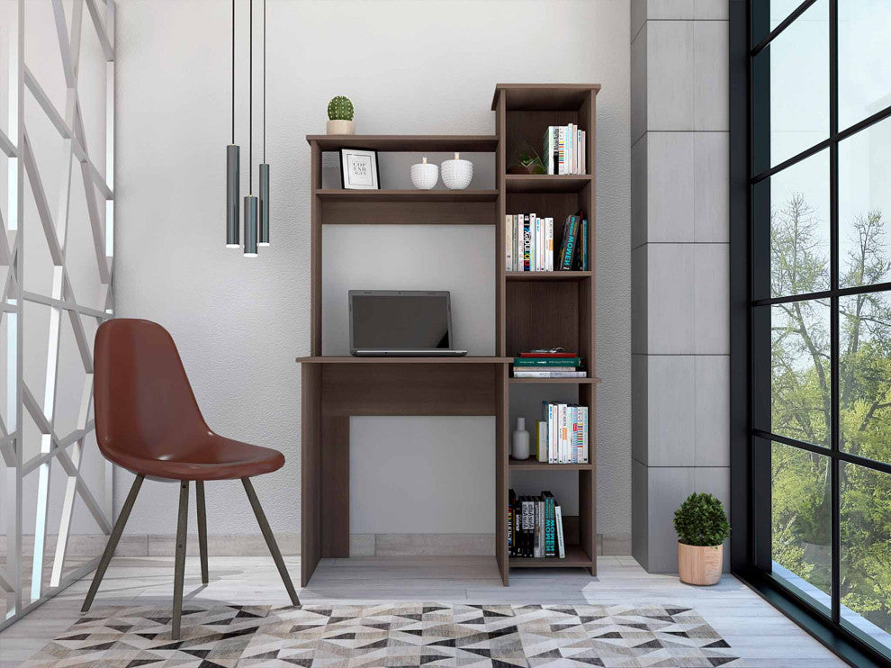 TATEUS 6-Shelf Home Office Writing Desk with Built-in Bookcase, Smokey Oak