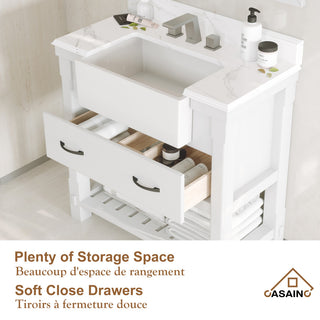 Freestanding Bath Vanity in White with White Quartz Top, 36in