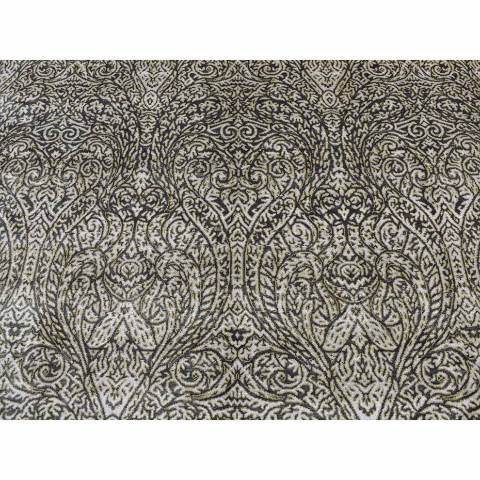 Jet Gray, Hand Knotted, Mughal Influence, Wool With Real Silk Rug, 8'8"x12'3"