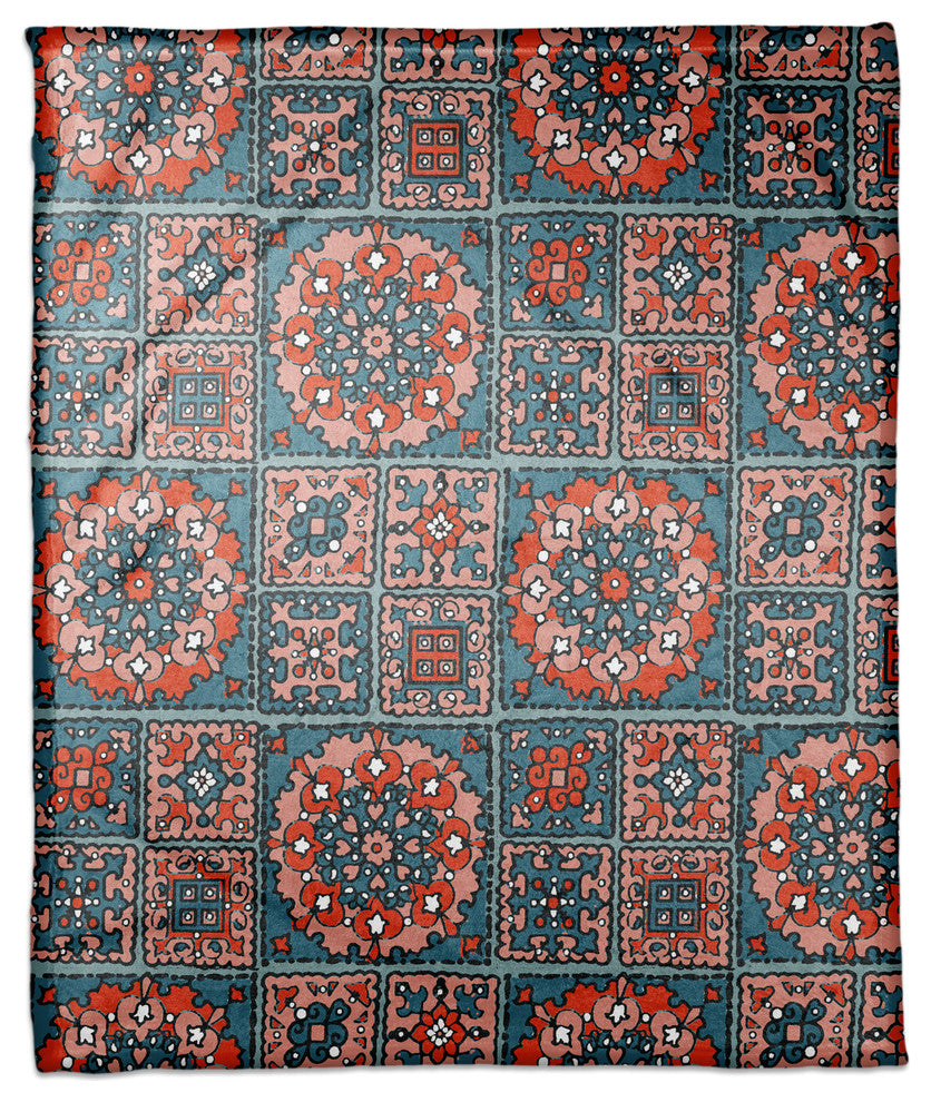 Patchwork Mandala in Blue and Red Fleece Blanket