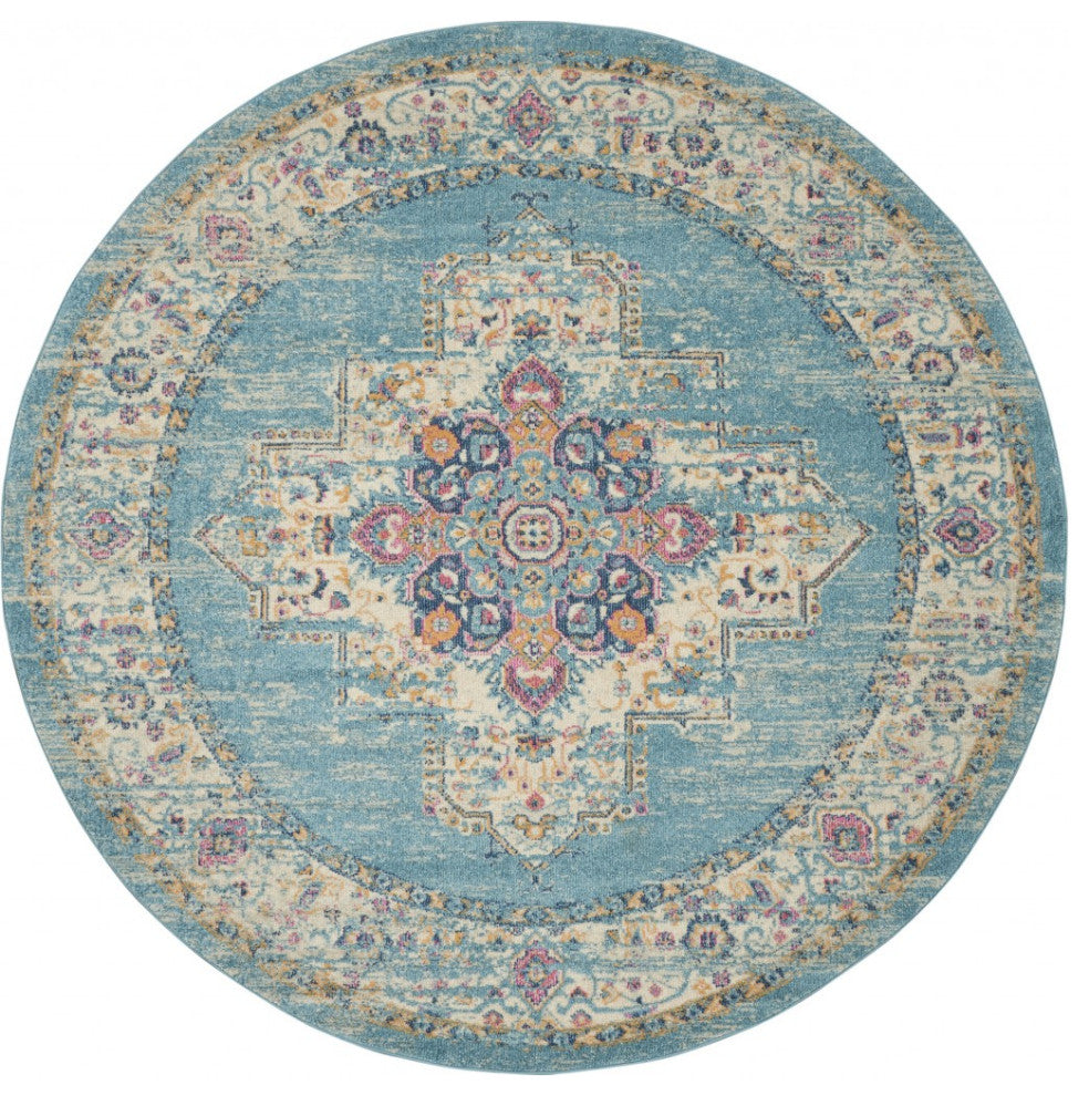 8' Light Blue Round Southwestern Power Loom Area Rug