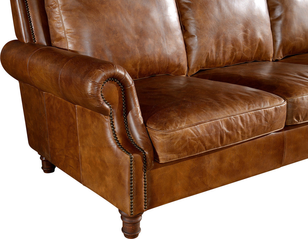 Leather English Rolled Arm Sofa, Light Brown
